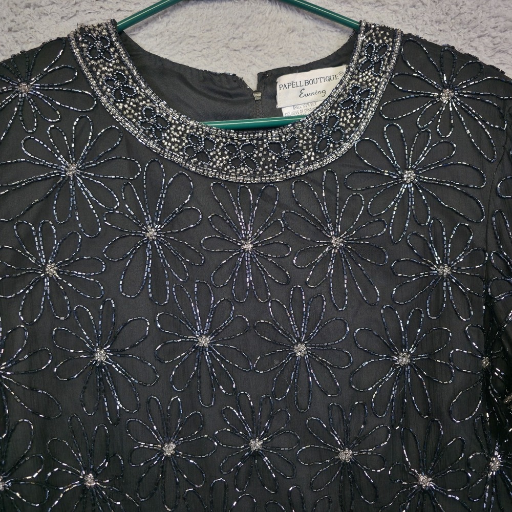 Vintage Papell Boutique Evening Top Womens L Black Silk Beaded Formal Glam Party - Picture 10 of 16